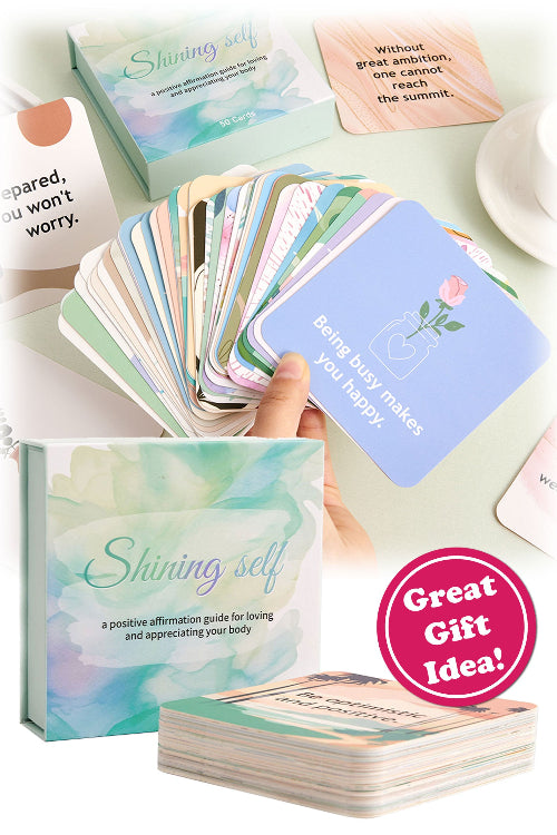 Set of affirmation cards with a box labeled 'Shining Self' on a light background.