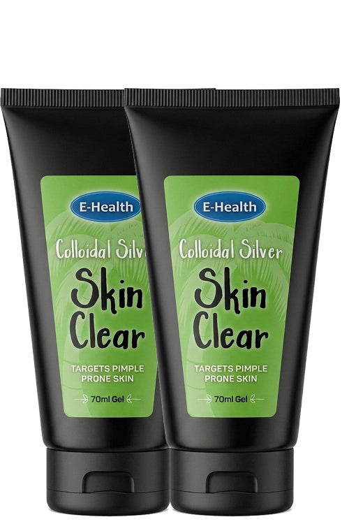 Two black squeeze tubes of E-Health Colloidal Silver Skin Clear gel, side by side on a plain white background.