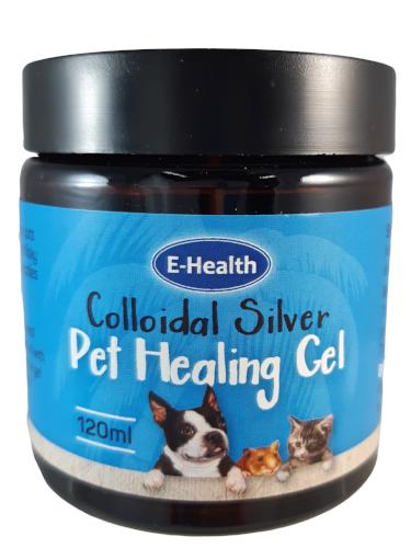 A jar of Colloidal Silver Pet Healing Gel with a label featuring images of a dog and a cat.