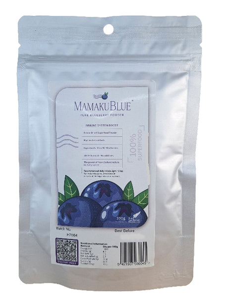 MamakuBlue packaging with blueberries on a white background