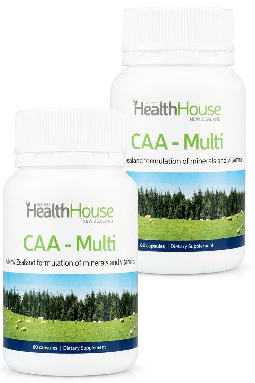 Two white bottles of HealthHouse CAA-Multi dietary supplement, featuring a green and blue label with a New Zealand landscape image, set against a plain white background.