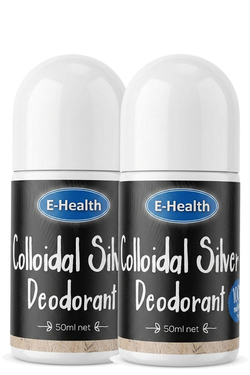 Two 50ml roll-on deodorant bottles with white caps and black labels featuring the E-Health brand and 'Colloidal Silver Deodorant' text, shown against a plain white background.