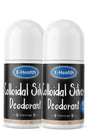 Two 50ml roll-on deodorant bottles with white caps and black labels featuring the E-Health brand and 'Colloidal Silver Deodorant' text, shown against a plain white background.