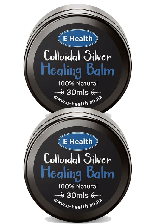 Two round black metal tins of E-Health Colloidal Silver Healing Balm, stacked vertically on a white background.