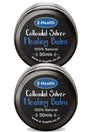Two round black metal tins of E-Health Colloidal Silver Healing Balm, stacked vertically on a white background.