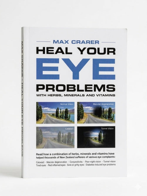 The book 'Heal Your Eye Problems' by Max Craser, featuring a white cover with bold blue and black text and four small eye health comparison photos, shown on a clean white background.