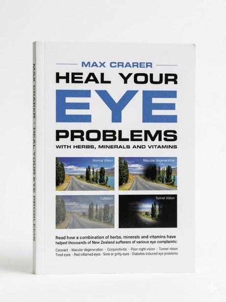The book 'Heal Your Eye Problems' by Max Craser, featuring a white cover with bold blue and black text and four small eye health comparison photos, shown on a clean white background.