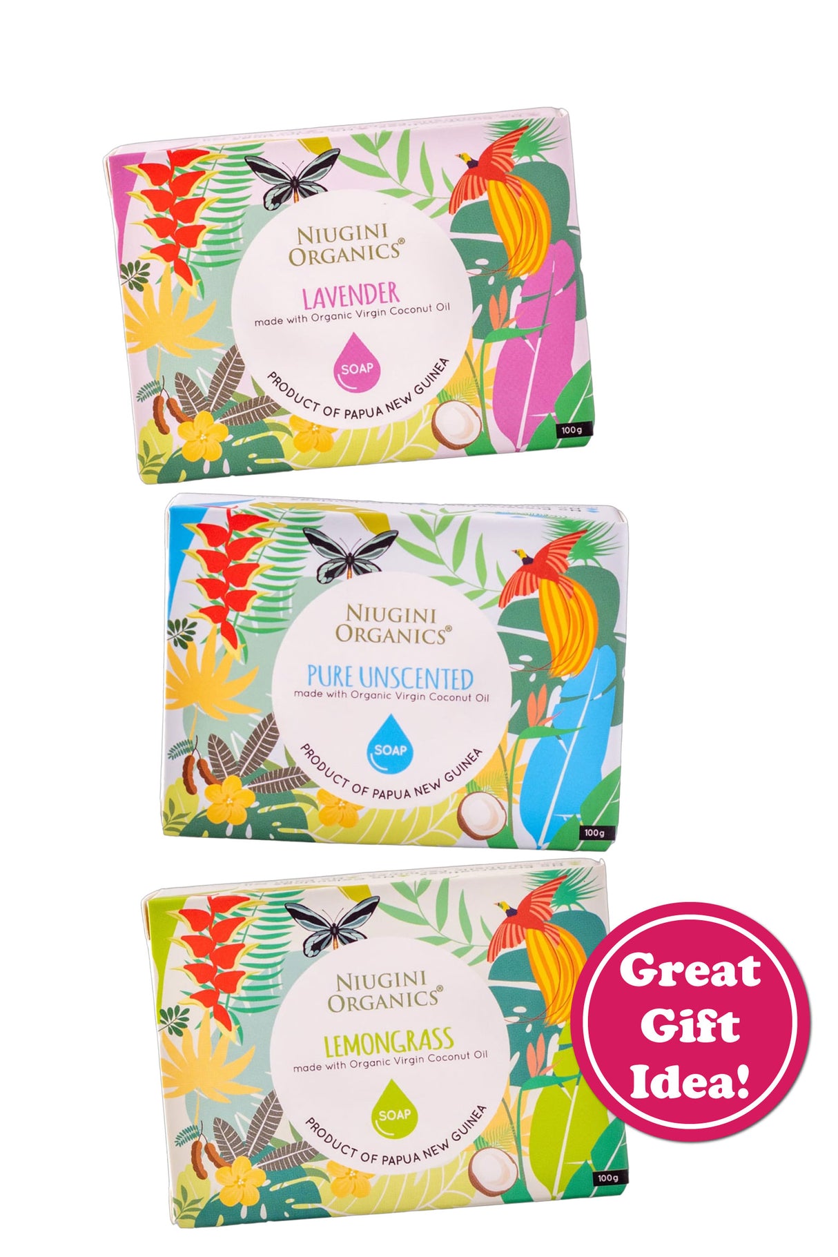 Three Nigini Organics soap packages with colorful packaging on a white background.