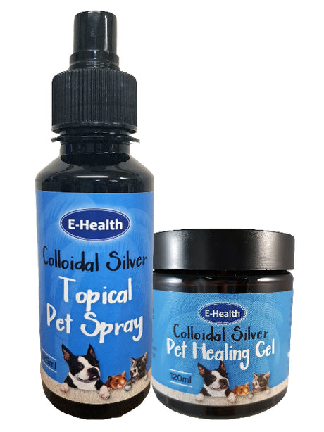 E-Health colloidal silver pet care products on a white background