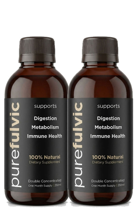 Two amber glass bottles of purefulvic dietary supplement with black caps and black labels, shown side by side on a white background.