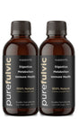 Two amber glass bottles of purefulvic dietary supplement with black caps and black labels, shown side by side on a white background.