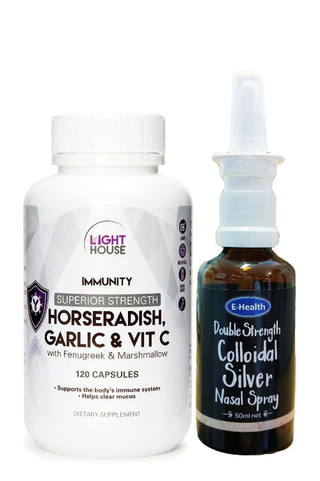 Two health products: a bottle of Lighthouse Immunity supplement and a bottle of E-Health Colloidal Silver Nasal Spray on a white background.