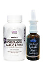 Two health products: a bottle of Lighthouse Immunity supplement and a bottle of E-Health Colloidal Silver Nasal Spray on a white background.